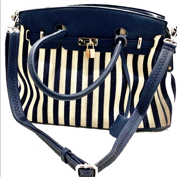 Blue & Cream Stripe Canvas with Vegan Leather Bag - Picture 3 of 4